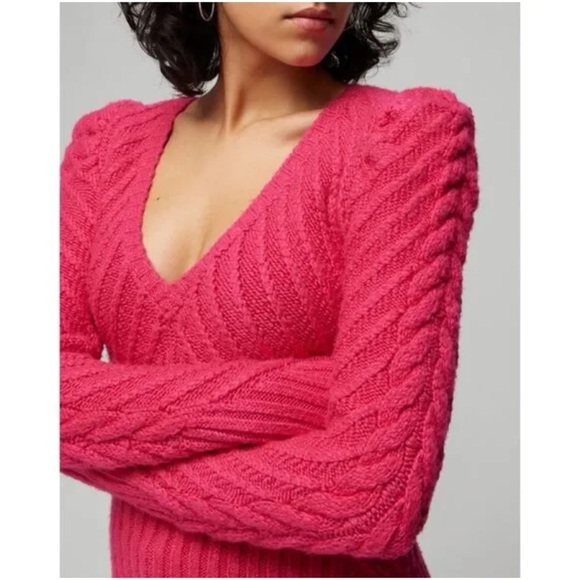 White House Black Market Sweaters - White House Black Market V-Neck Puff Sleeve Cable Pullover Sweater Hot Pink S